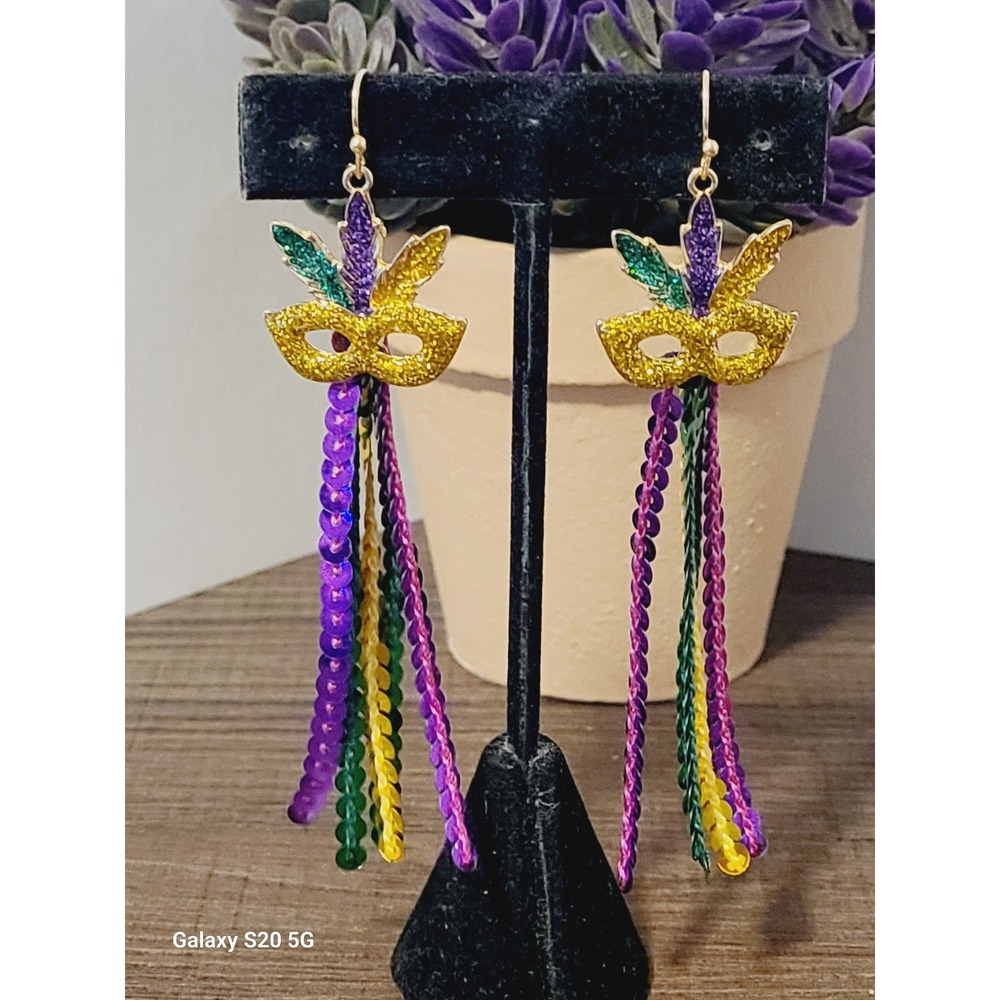 Mardi Gras Masquerade Mask Sequin Tassel Dangle Earrings Purple Green Glitter